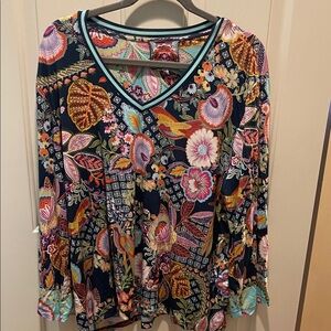 Johnny Was Navy Multi Floral V-Neck Long Sleeve Top